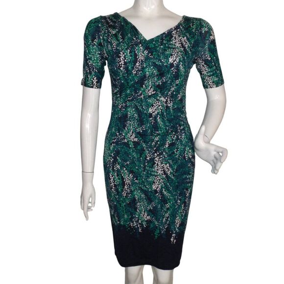 BODEN Dress, 6, Rita Sheath, Ruched Bust, Blue/Green Abstract leaves, Tencel - Picture 1 of 13